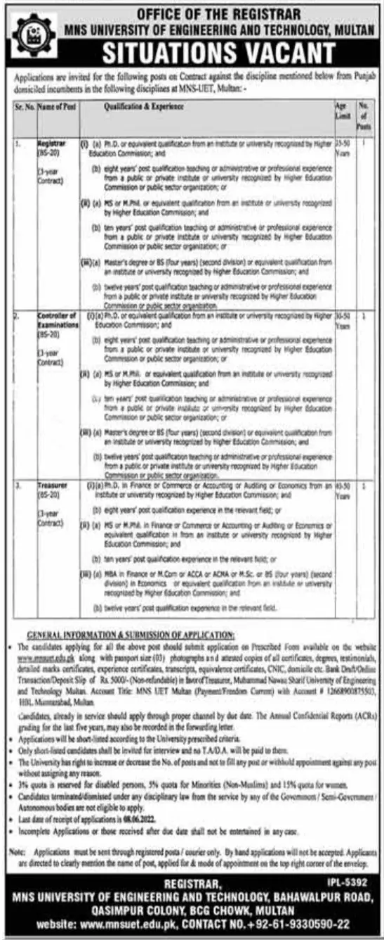 Jobs in MNS University of Engineering And Technology Multan – Muhammad Nawaz Sharif University of Engineering & Technology (MNS-UET) Multan Jobs 2022 — original advertisement