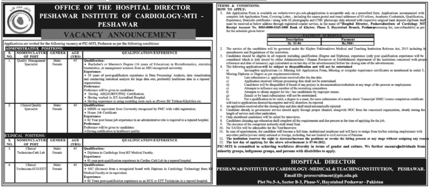Jobs in Peshawar Institute of Cardiology MTI Peshawar Jobs 2022 — original advertisement