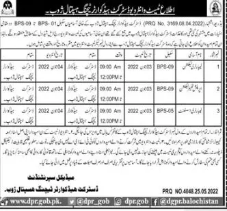 Interview in District Headquarter Teaching Hospital Zhob – Health Department Balochsitan Jobs 2022 — original advertisement