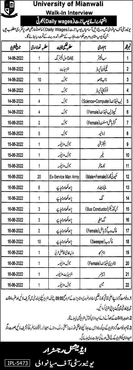 Interview in University of Mianwali Jobs 2022 — original advertisement