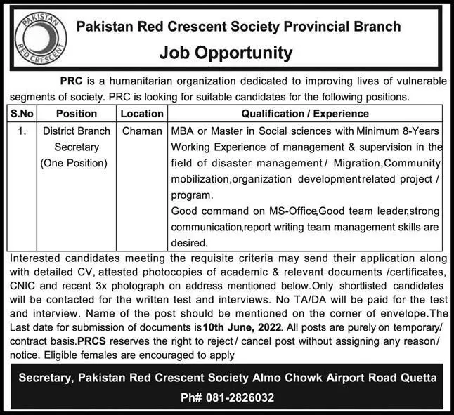 Jobs in Pakistan Red Crescent Society PRCS Jobs 2022 — original advertisement