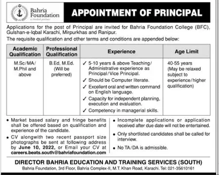 Jobs In Bahria Foundation College ( BFC) Karachi Jobs 2022 — original advertisement