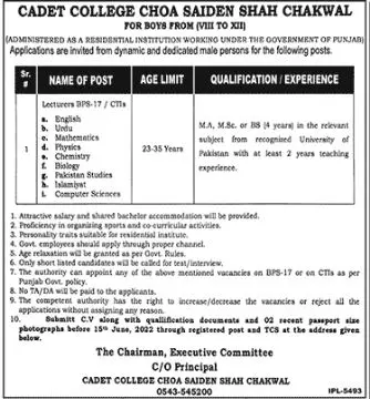 Jobs in Cadet College Choa Saiden Shah Chakwal Jobs 2022 — original advertisement