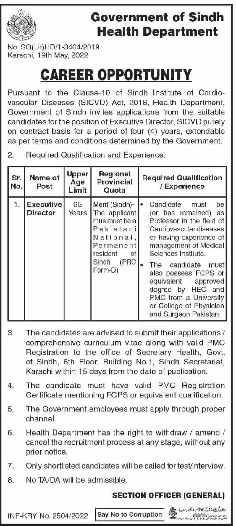 Jobs in Health Department Sindh Jobs 2022 — original advertisement