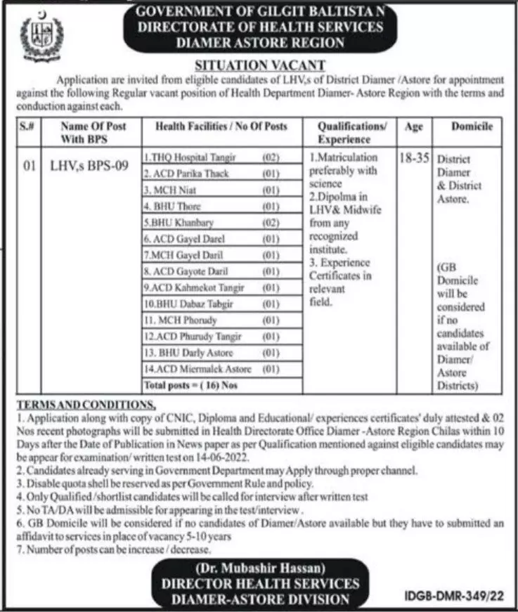 Jobs in Directorate of Health Services Diamer Astore Region – Government of Gilgit-Baltistan Jobs 2022 — original advertisement