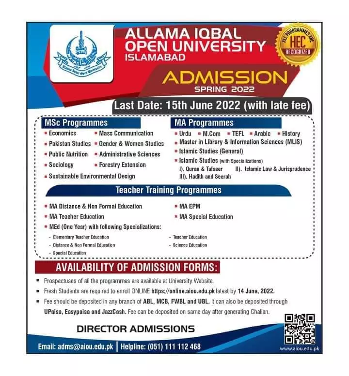 Allama Iqbal open University Islamabad Admission spring 2022 Admissions 2022 — original advertisement