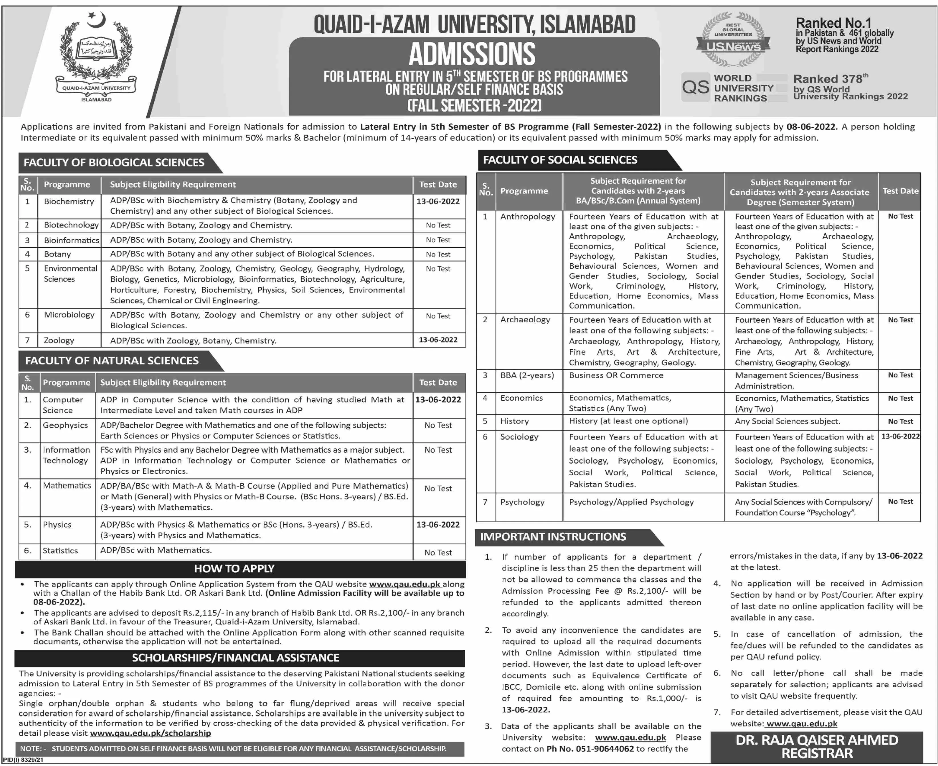 Admission in Quaid Azam University Islamabad – Quaid-i-Azam University, Islamabad , Pakistan Admissions 2022 — original advertisement