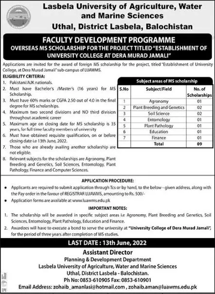 Scholarship in Lasbela University of Agriculture Balochistan – Lasbela University of Agriculture, Water & Marine Sciences (LUAWMS) Uthal Scholarships 2022 — original advertisement