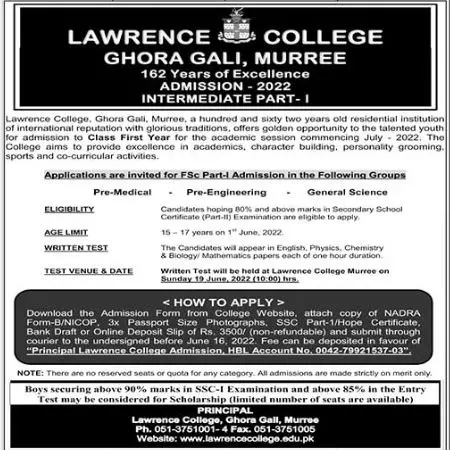 Admission in Lawrence College Ghora Gali Murree Admissions 2022 — original advertisement