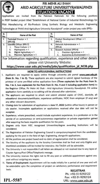 Jobs in Pir Mehar Ali shah Arid Agriculture University – Pir Mehr Ali Shah Arid Agriculture University Rawalpinid Jobs 2022 — original advertisement
