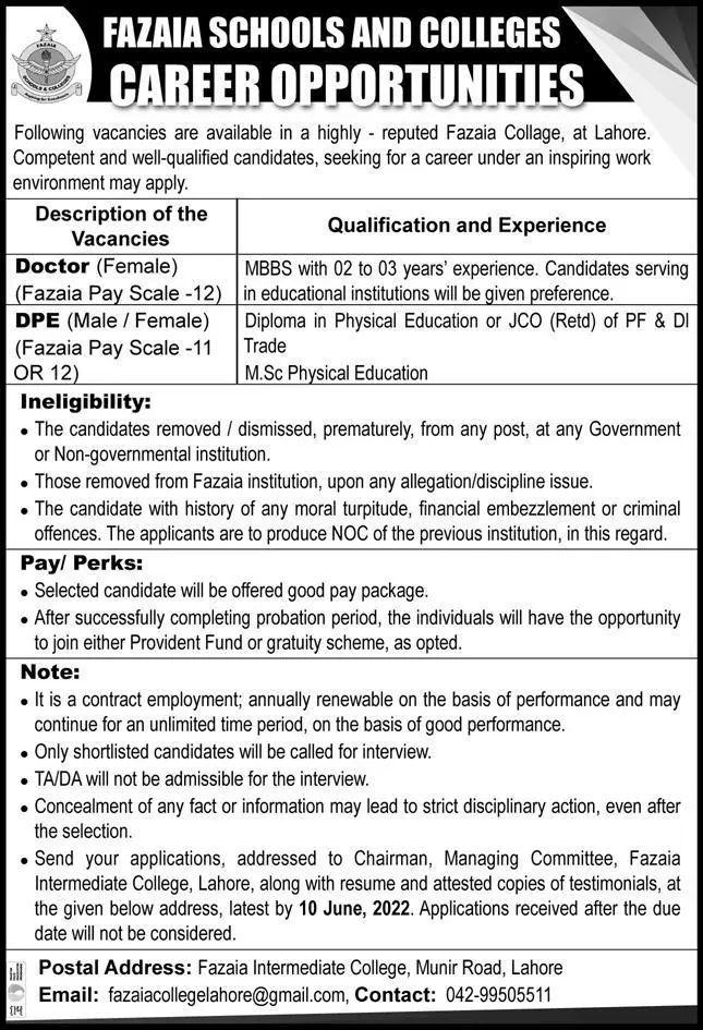 Jobs in Fazaia Schools & Colleges Lahore Jobs 2022 — original advertisement