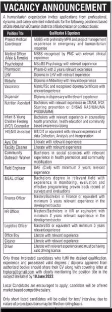 Jobs in Humanitarian Organization Balochistan – Public Sector Organization Jobs 2022 — original advertisement