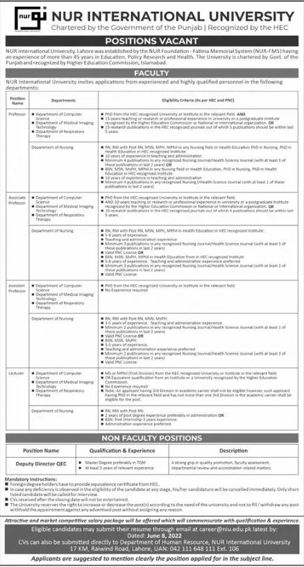 Jobs in Nur International University Jobs 2022 — original advertisement