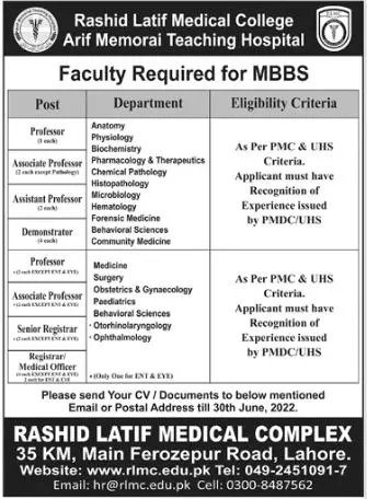 Jobs in Rashid Latif Medical College(RMLC) Lahore Punjab Jobs 2022 — original advertisement