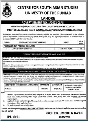 Jobs in University of Punjab Lahore Jobs 2022 — original advertisement