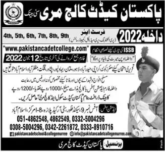 Jobs in cadet College Murree Jobs 2022 — original advertisement