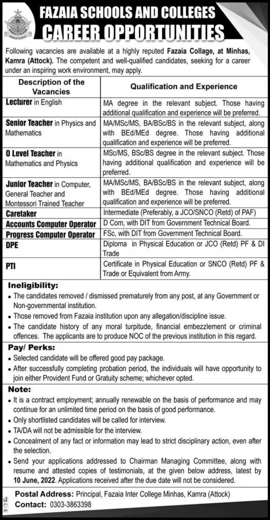 Jobs in Fazaia Schools And Colleges – Fazaia Schools & Colleges Jobs 2022 — original advertisement