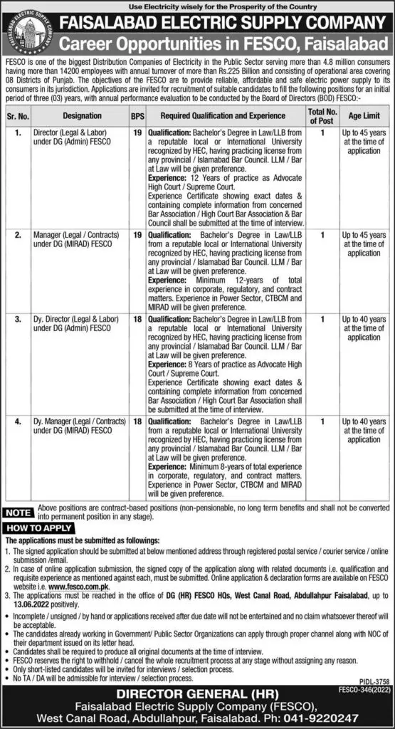 Jobs in Faisalabad Electric Supply Company Faisalabad Jobs 2022 — original advertisement