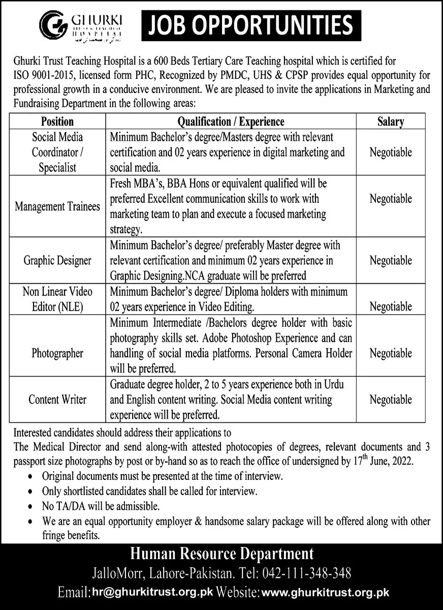 Jobs in Ghurki Trust Teaching Hospital Lahore Punjab Jobs 2022 — original advertisement