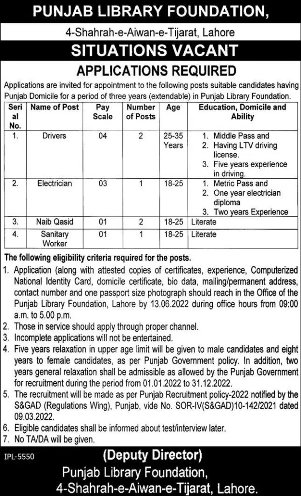 Jobs in Punjab Library Foundation Lahore – Govt of Punjab Jobs 2022 — original advertisement
