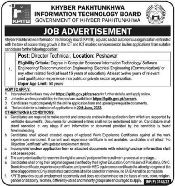 Jobs in Khyber Pakhtunkhwa Information Technology Board – Khyber Pakhtunkhwa Information Technology Board (KPITB) Peshawar Jobs 2022 — original advertisement