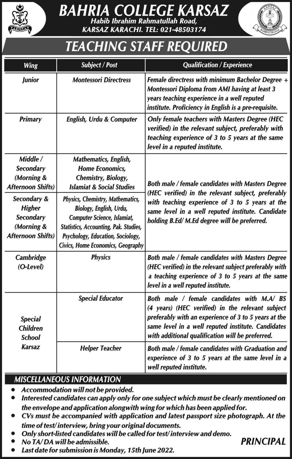 Jobs in Bahria College Karsaz Karachi Jobs 2022 — original advertisement