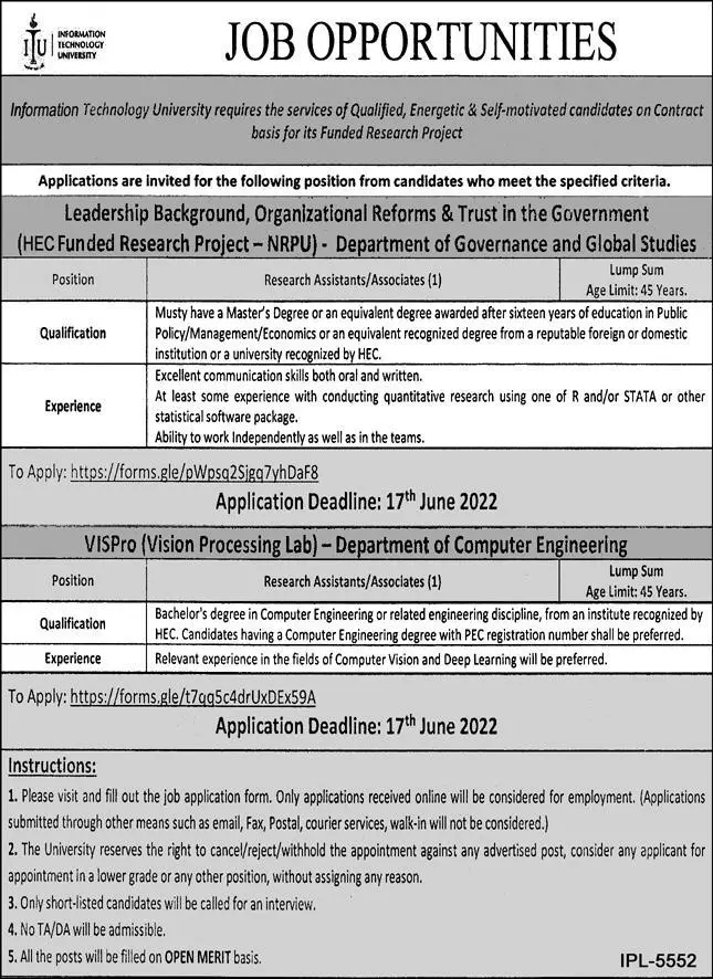Jobs in information Technology University Lahore – Information Technology University of the Punjab Lahore Jobs 2022 — original advertisement
