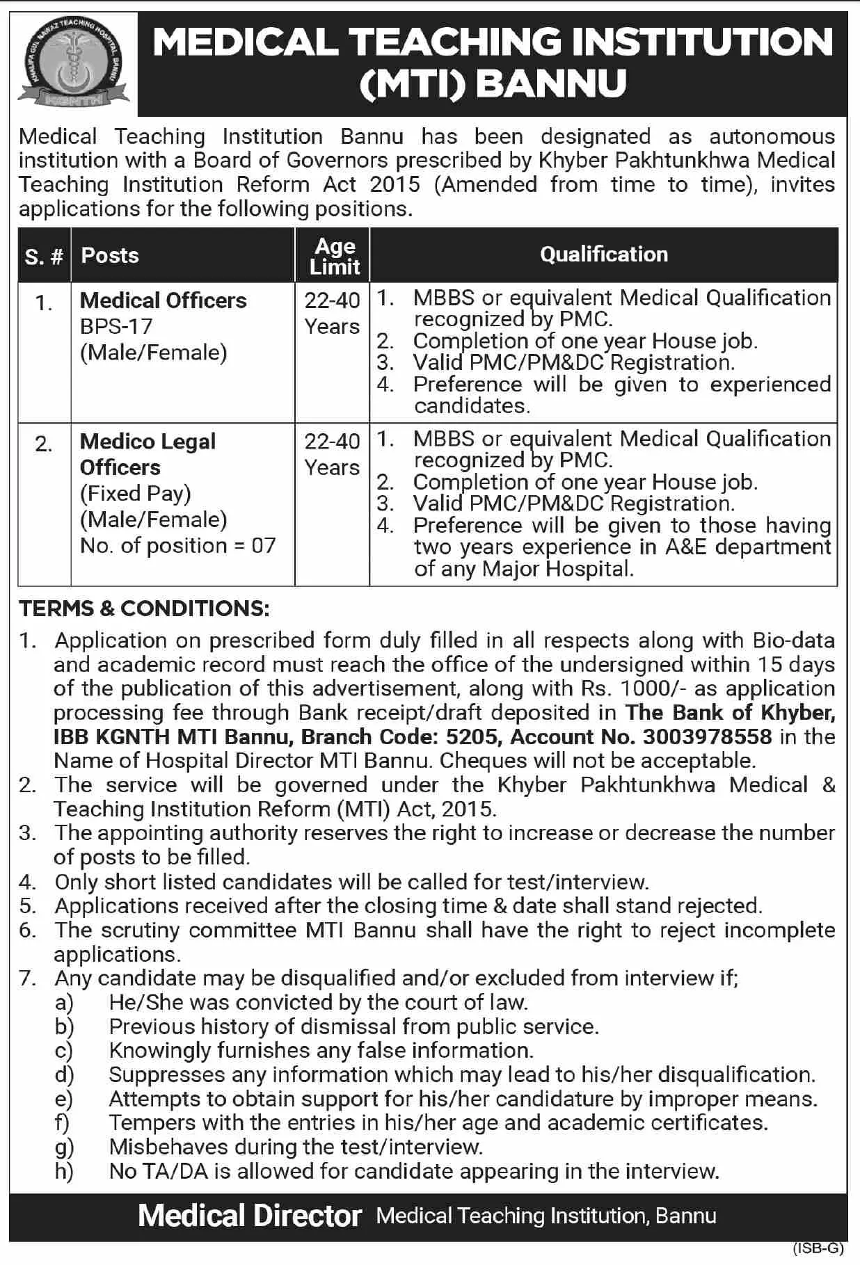 Jobs in Medical Teaching institution Mti Bannu – Medical Teaching Institution Bannu Jobs 2022 — original advertisement