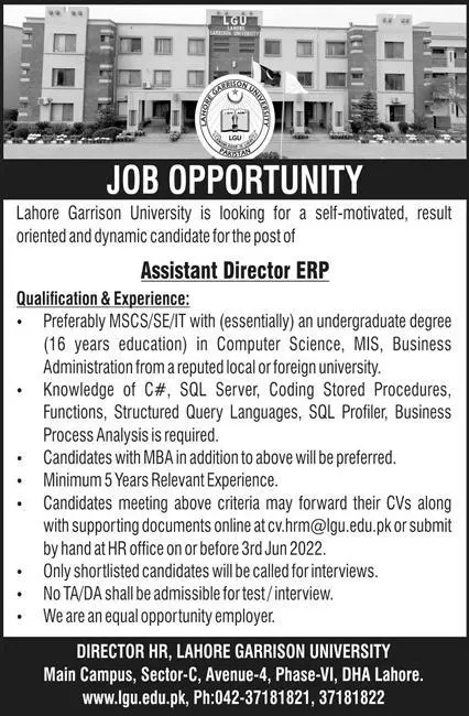 Jobs in Lahore Garrison University Jobs 2022 — original advertisement