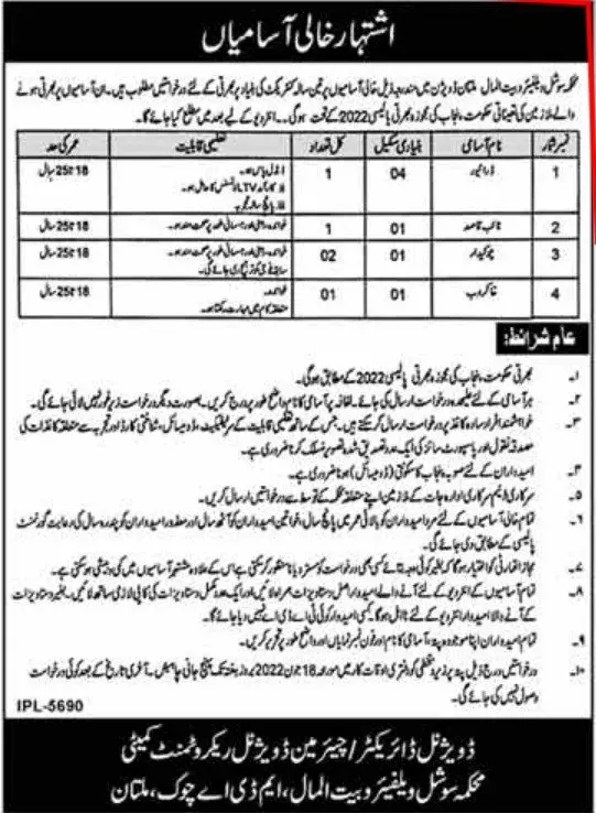 Jobs in Social Welfare & Bait-ul-Maal Department Multan – Social Welfare & Bait-Ul-Maal Department Punjab Jobs 2022 — original advertisement