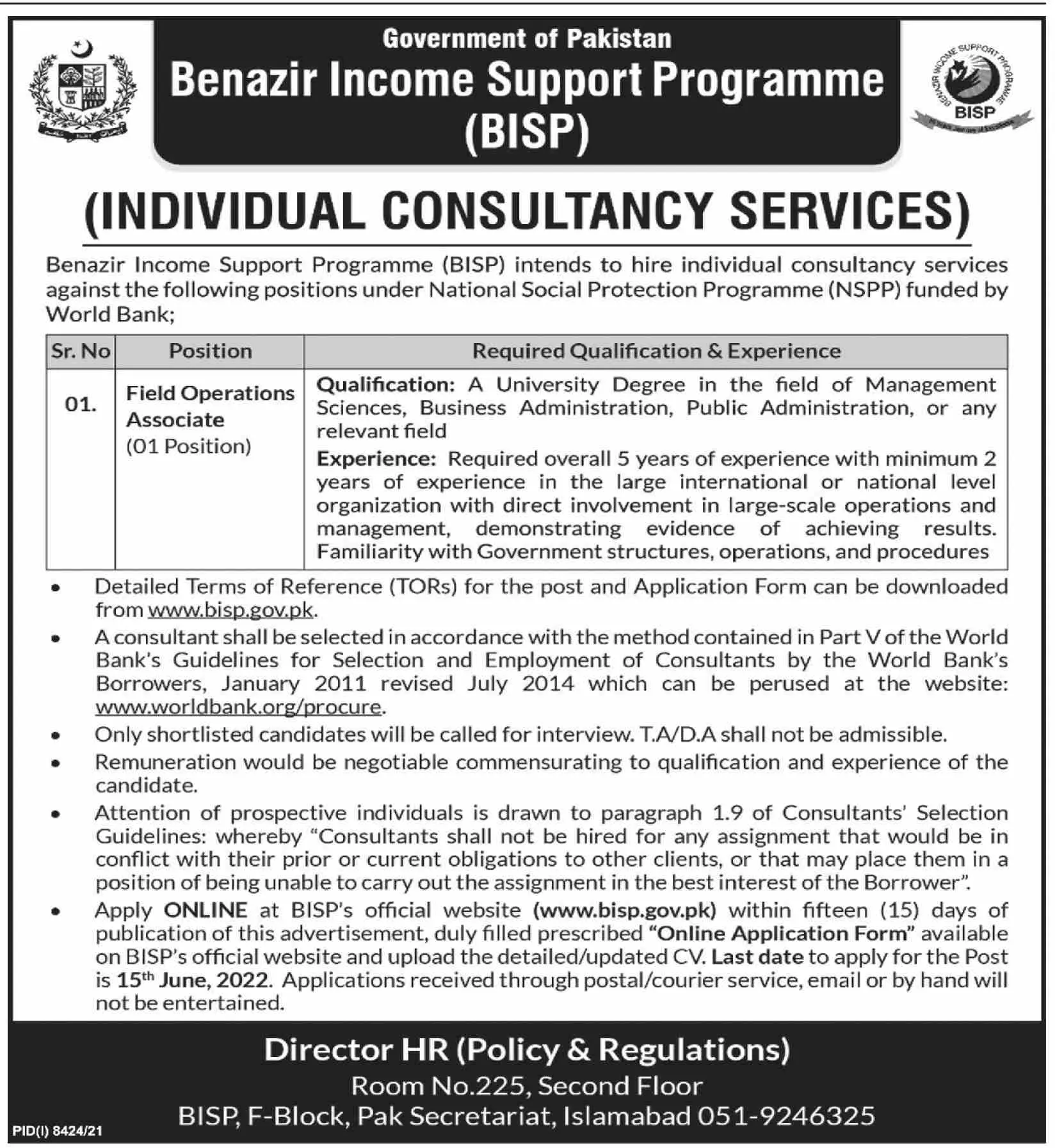 Jobs in Benazir income Support Program (BISP) – Benazir Income Support Programme Jobs 2022 — original advertisement