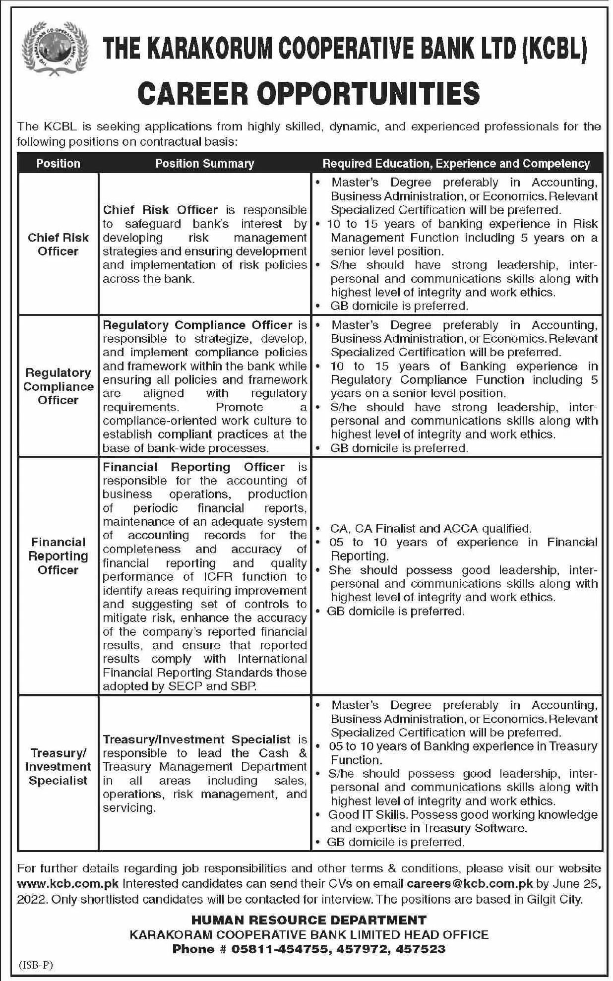 Jobs in Karakoram Cooperative Bank Limited – Government of Gilgit-Baltistan Jobs 2022 — original advertisement