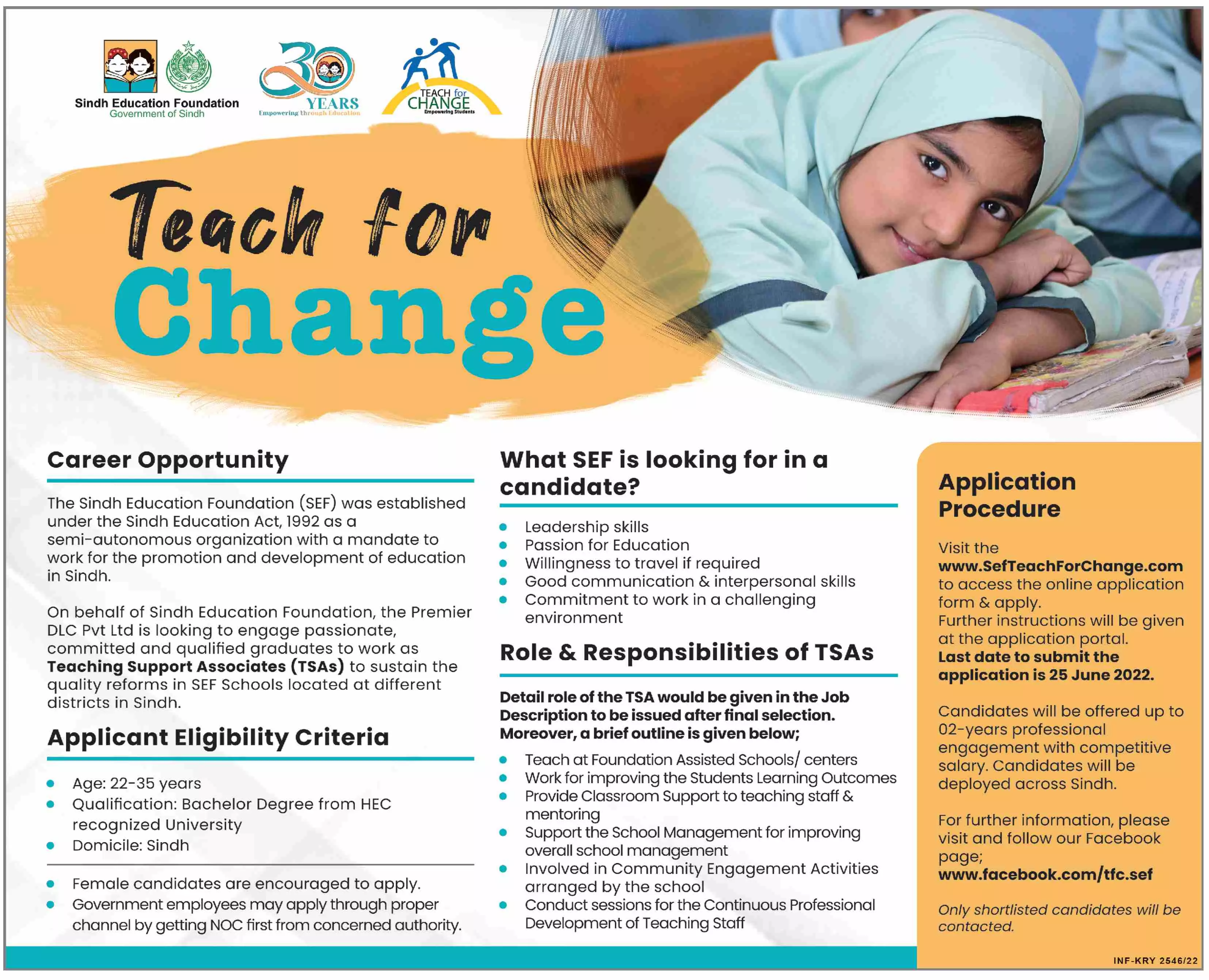 Jobs in Sindh Education Foundation (SEF) Jobs 2022 — original advertisement