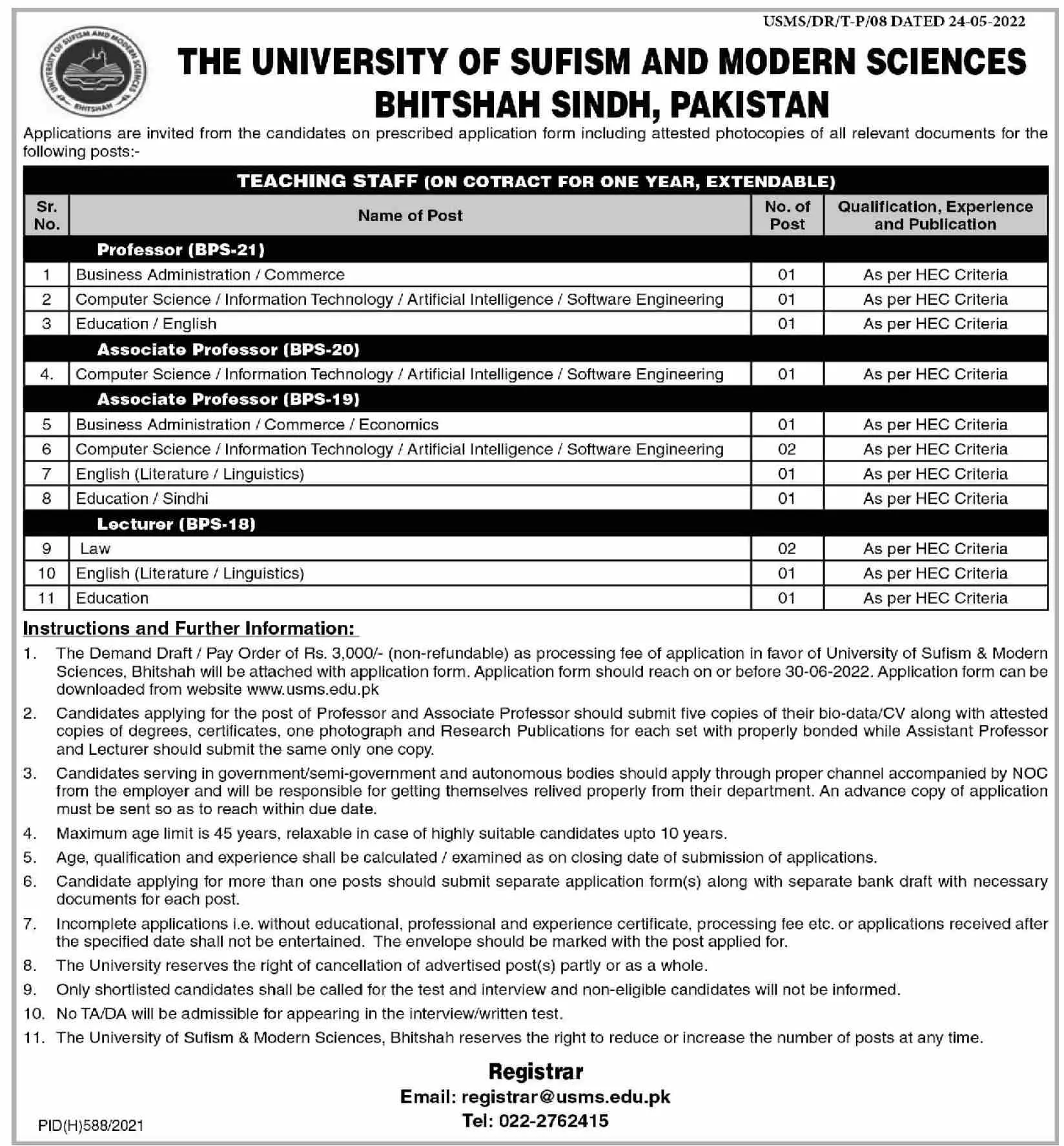 Jobs in University of Sufism and Modern Sciences Sindh – University of Sufism and Modern Sciences Bhitshah Jobs 2022 — original advertisement
