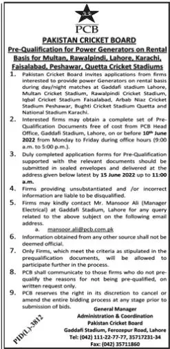 Jobs in Pakistan Cricket Board (PCB) Jobs 2022 — original advertisement