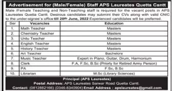Jobs in Aps Leureates Quetta Cantt – Army Public School & College Paksitan Jobs 2022 — original advertisement