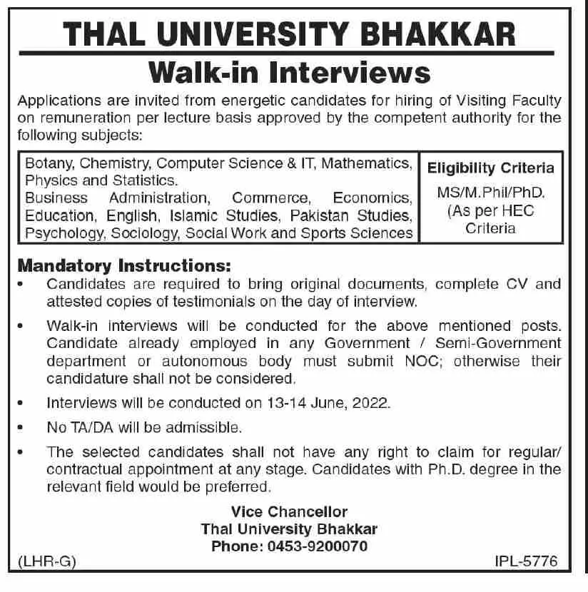 Interview in Thal University Bhakkar Jobs 2022 — original advertisement