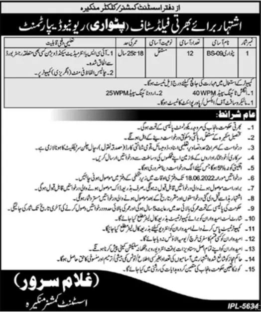 Jobs In Revenue Department Field Staff Patwari – Revenue Department Punjab Jobs 2022 — original advertisement
