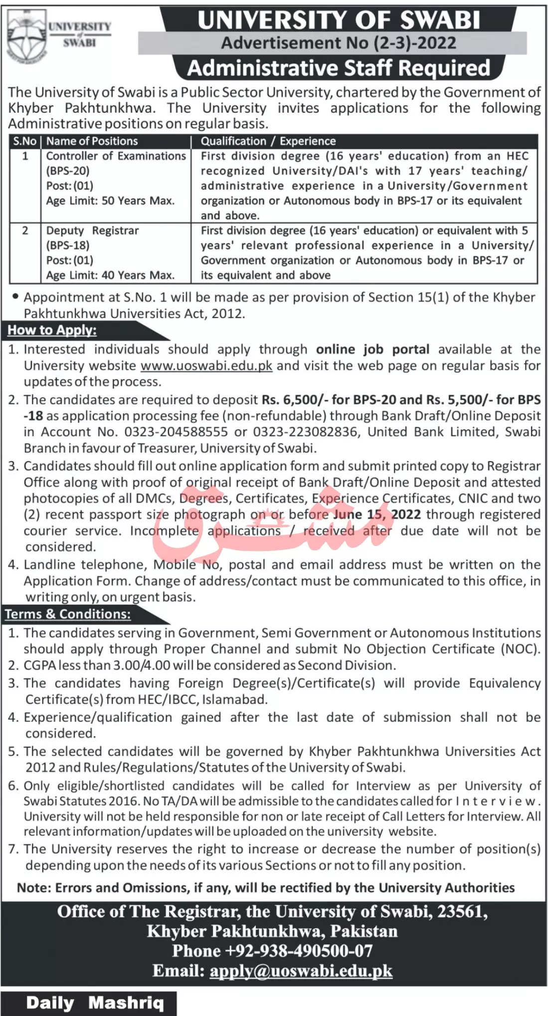 Jobs in University of Swabi Khyber Pakhtunkhwa Jobs 2022 — original advertisement