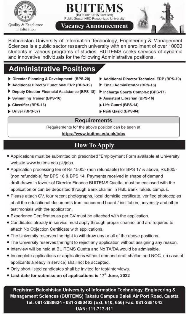 Jobs in Balochistan University of information Technology – Balochistan University of Information Technology & Management Science Quetta Jobs 2022 — original advertisement