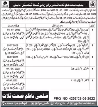 Viva Test in Health Department Kalat Balochistan – Health Department Balochsitan Jobs 2022 — original advertisement