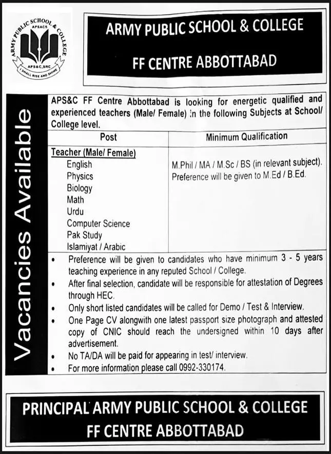Jobs in  Army Public School and College FF Centre Abbottabad – Army Public School & College Attock Jobs 2022 — original advertisement