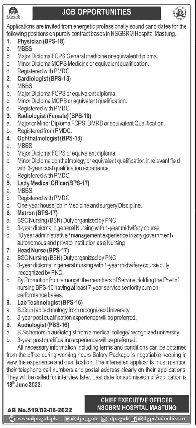 Jobs in NSGBRM Mastung Hospital 2022 – Nawab Shaheed Ghous Bakhsh Raisani Memorial Hospital Mastung Jobs 2022 — original advertisement