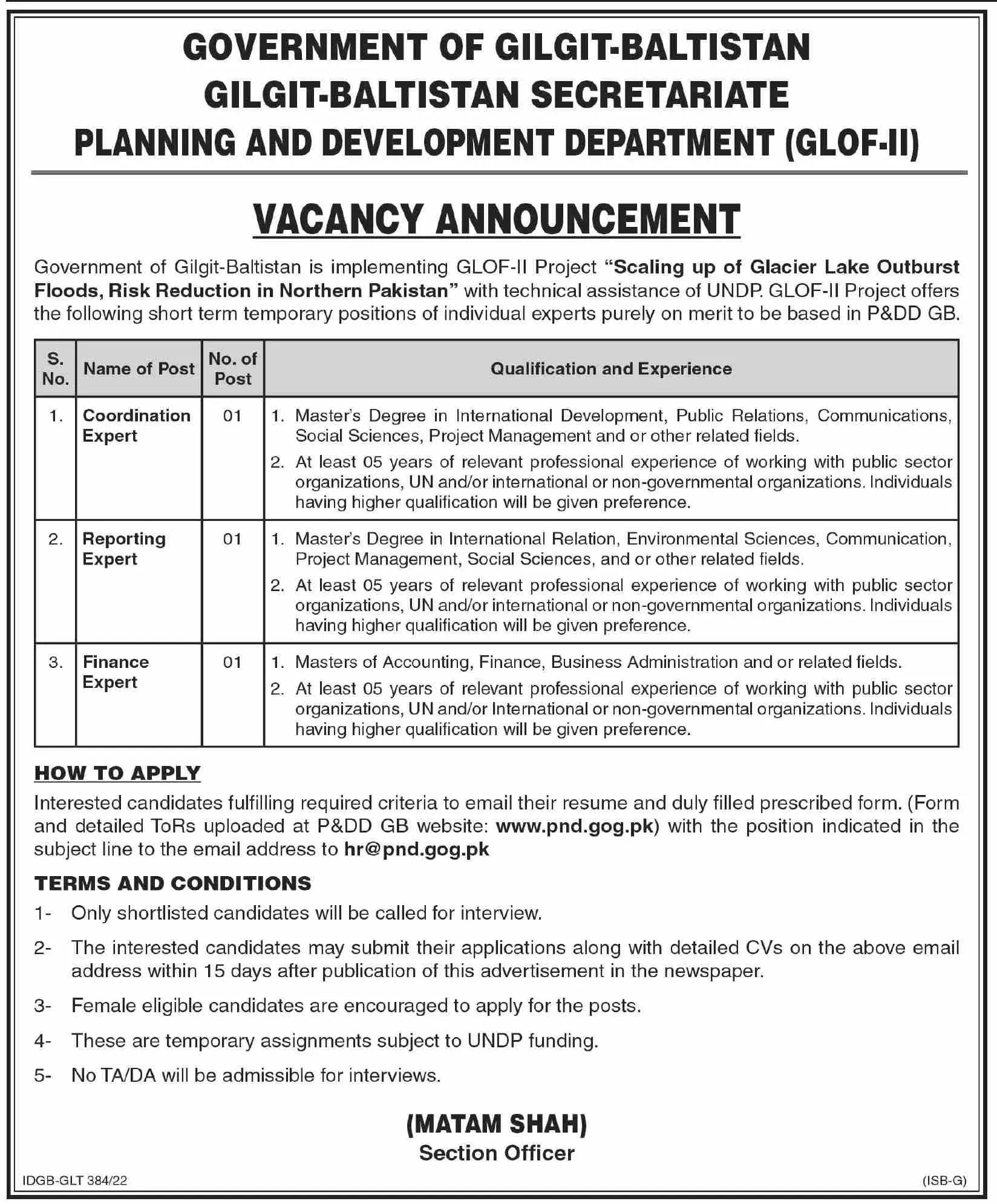 Jobs in Planning And Development Department Gilgit Baltistan – Government of Gilgit-Baltistan Jobs 2022 — original advertisement