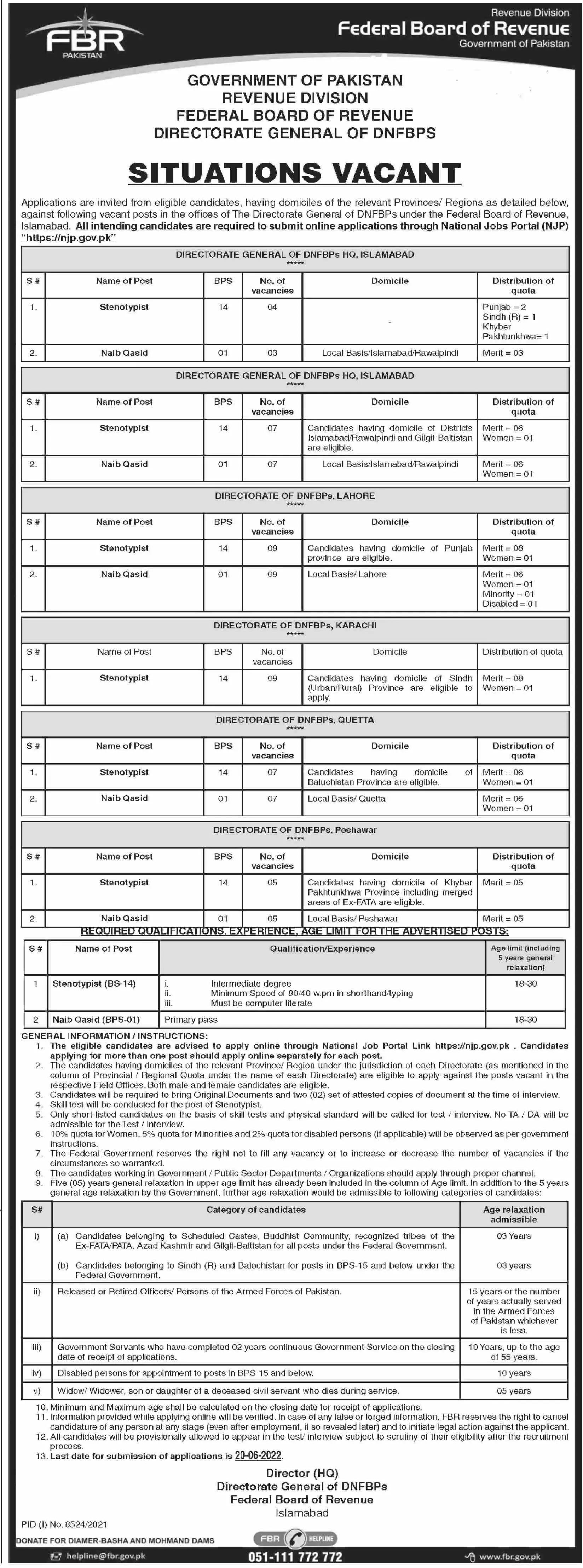 Jobs in Federal Board of Revenue Islamabad Jobs 2022 — original advertisement