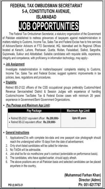 Jobs in Federal Tax ombudsman Secretory Islamabad – Federal Tax Ombudsman Secretariat Pakistan Islamabad Jobs 2022 — original advertisement