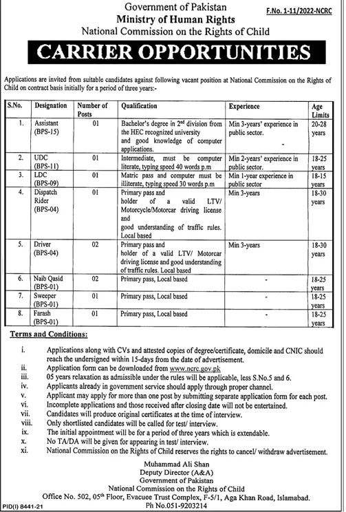 Jobs in Ministry of Human Rights Islamabad Jobs 2022 — original advertisement