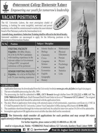 Jobs in Government College University Lahore Jobs 2022 — original advertisement