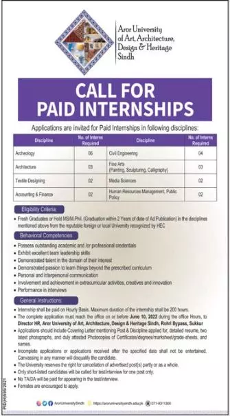 Paid internship  Aror university of Art, Architecture – Aror university of Art Architecture Design & Heritages Sukkur Jobs 2022 — original advertisement
