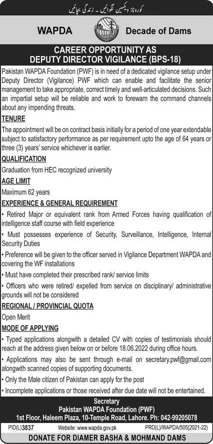 Jobs in Pakistan Wapda Foundation (PWF) Punjab Lahore Jobs 2022 — original advertisement